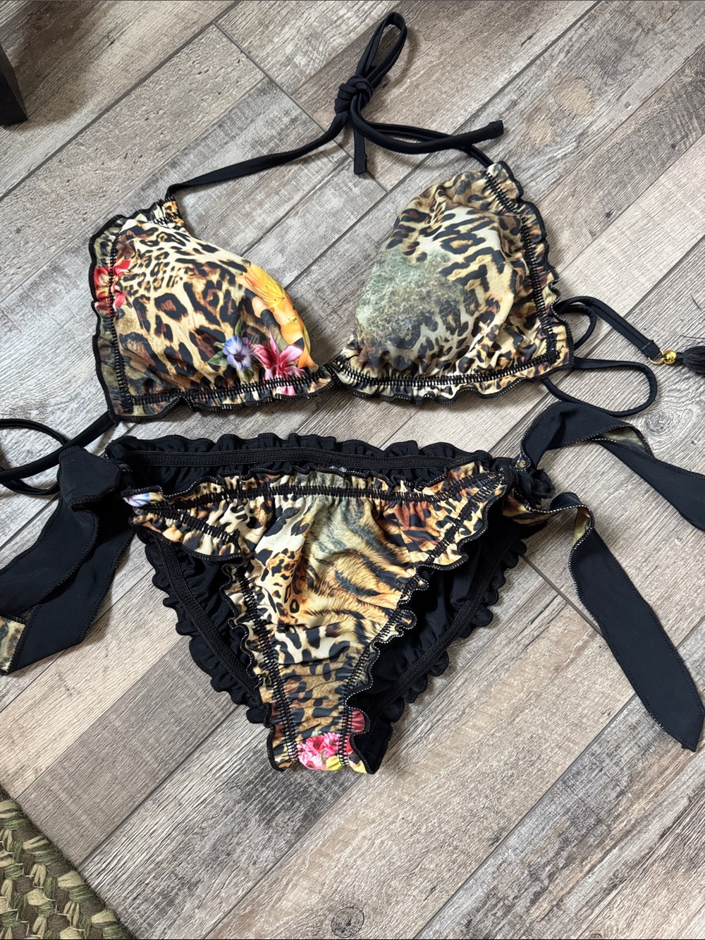 Leopard Print Ruffled Tie-Side Bikini - Black & Multicolor